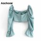 Aachoae Women Stylish Cropped Blouses 2020 Flare Long Sleeve Solid Blouse Ladies Square Collar Sexy Slim Shirt Tops Blusas