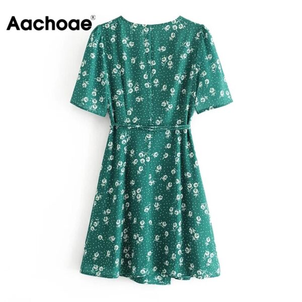 Aachoae Retro Floral Print Dress Summer V Neck Short Sleeve Elegant A Line Dress Women Bandage Casual Mini Dresses Lady Vestidos