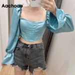 Aachoae-Women-Stylish-Cropped-Blouses-2020-Flare-Long-Sleeve-Solid-Blouse-Ladies-Square-Collar-Sexy-Slim-Shirt-Tops-Blusas