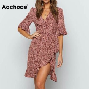 Aachoae Women Elegant Ruffles Wrap Mini Dresses Floral Print V Neck Boho Dress A Line Short Sleeve Party Dress Summer Sundress