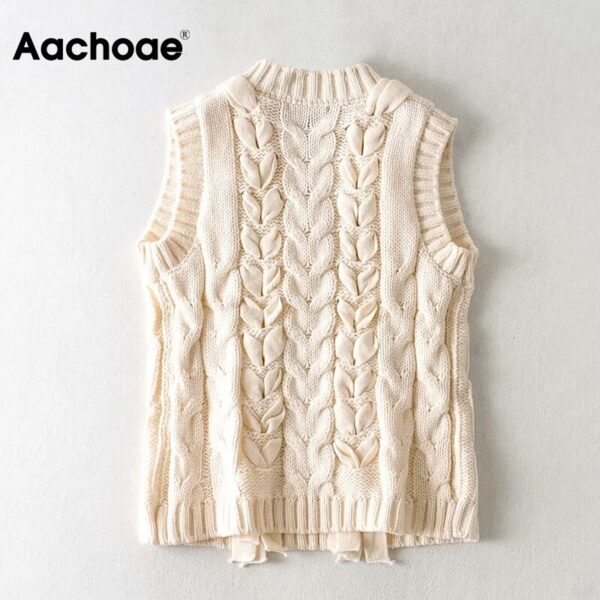 Aachoae Women Chic Lace Up Knitted Vest Sweater V Neck Sleeveless Fashion Twist Top Female Casual Waistcoat Sweaters 2020