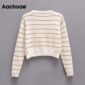 Aachoae Casual Striped Sweater Women O Neck Basic All Match Pullover Sweaters Long Sleeve Soft Thin Cropped Tops Lady Jumper