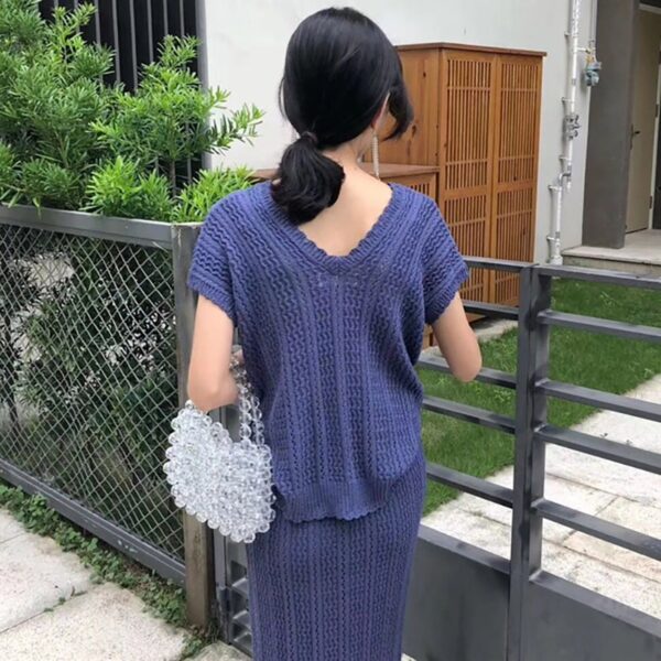 Aachoae Solid Knit Skirt Set Women V Neck Bawting Short Sleeve Loose Tops High Waist Straight Midi Skirt Sets Ensemble Femme