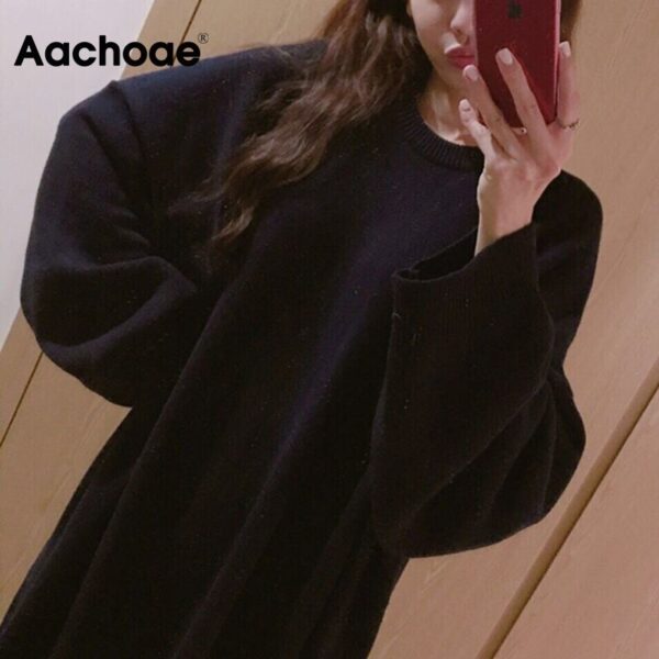 Aachoae Solid Oversize Knitted Dress Women Casual Batwing Long Sleeve Loose Long Dress Home Style O Neck Black And Gray Dress