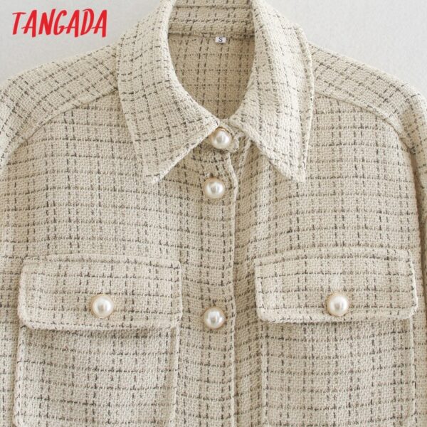 Tangada Women Plaid Pattern Thick Coats Jacket Pearl Buttons Long sleeves pocket 2020 Ladies Elegant Autumn Winter coat 3R19