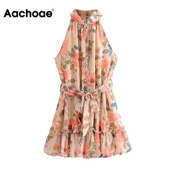 Aachoae Women Floral Print Boho Party Dress 2020 Summer Sleeveless Chiffon Beach Dress Off Shoulder Ruffles Pleated Mini Dresses