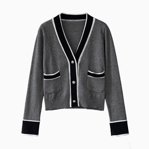 Aachoae Chic Patchwork Cardigan Top Women Casual V Neck Single Breasted Knitwear Sweater Autumn Winter Long Sleeve Pockets Coat