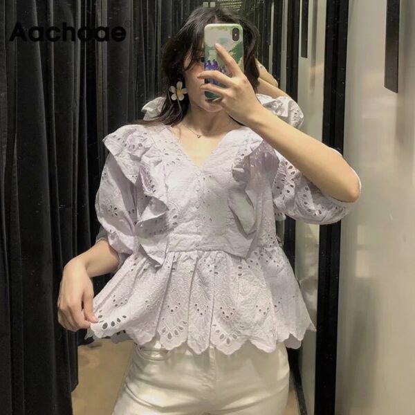 Aachoae Solid Ruffles Embroidery Blouse Women V Neck Pleated Elegant Shirt Lady Hollow Out Chic Stylish Blouse Tops Blusas Mujer