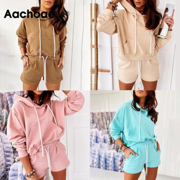 Aachoae Casual Solid Set Women Summer Autumn Batwing Long Sleeve Sports Hooded Hoodies And Loose Home Lady Shorts Outfit