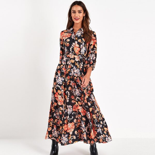 Aachoae 2020 Women Long Printed Dresses Three Quarter Sleeve Bohemian Maxi Dress Turn Down Collar Shirt Dress Vestidos Mujer