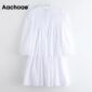 Aachoae Loose Cotton White Dress Women 2020 Embroidery Lace Patchwork Casual Mini Dress Lady Hollow Out Chic Dresses Femme Robe