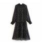 Aachoae Dot Print Black Dress Women Long Sleeve Loose Pleated Midi Dress Female Stand Collar Vintage Dress Lady Casual Sundress