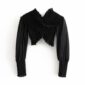 Aachoae Chiffon Black Cropped Blouse Women Sexy Crossover V Neck Stretchy Shirt Long Sleeve Off Shoulder Stylish Bodycon Top