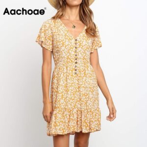 Aachoae Women Casual A Line Dresses 2020 Summer Floral Print V Neck Boho Beach Dress Ladies Short Sleeve Mini Dress Robe Femme