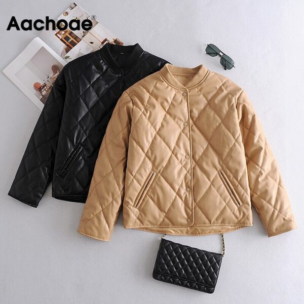 Aachoae Fashion Argyle Padded Jacket Women PU Faux Leather Long Sleeve Coat Female Loose Casual Ladies Winter Jackets 2020
