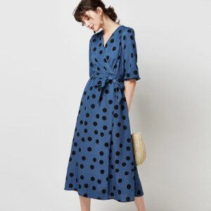 Aachoae Women Elegant A Line Long Dress 2020 Vintage Polka Dot V-neck Party Dress Lantern Sleeve Midi Casual Dresses Robe Femme