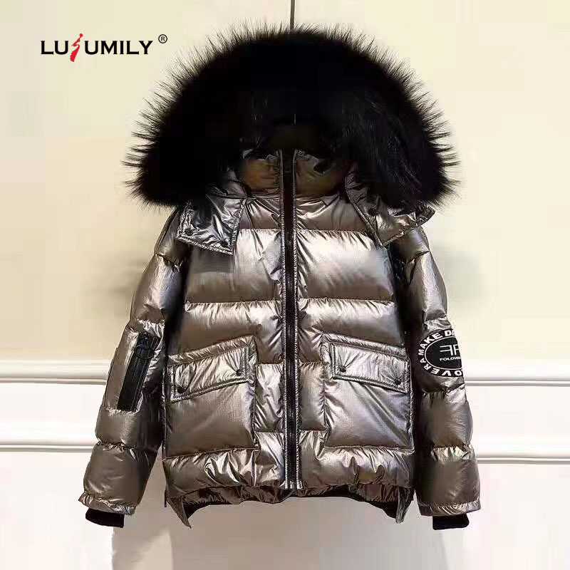 Lusumily Women's Down Jacket Winter Loose Short Warm Coats White Duck Down Parka Large Faux Fur Collar Glossy Outwear Female