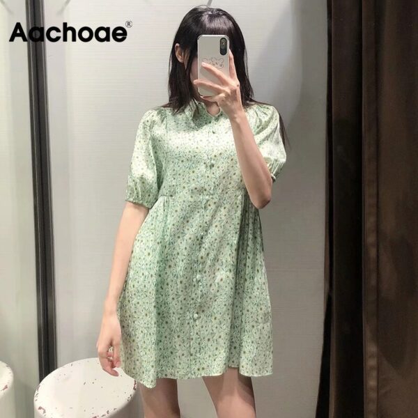 Aachoae Fashion Floral Print Shirt Dress Women Half Sleeve Pleated Casual Mini Dress Turn Down Collar Loose Dresses Summer 2020
