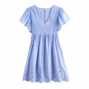 Aachoae V Neck Loose Cotton Blue Dress Summer Flare Short Sleeve Embroidery Mini Dress Women Casual Pleated Dress Femme Robe