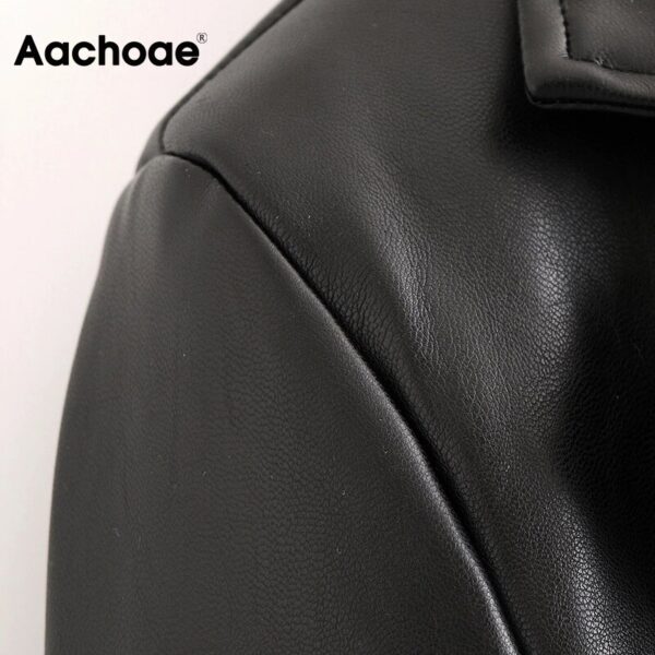 Aachoae Women Streetwear Black PU Faux Leather Blazer Coat 2020 Notched Collar Single Breasted Jacket Long Sleeve Outerwear Tops