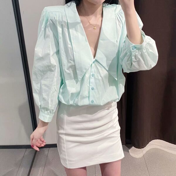 Aachoae Women Blue Blouse Long Sleeve Work Office Pleated Shirt Lady Turn Down Collar Button Loose Casual Ladies Tops Blusas
