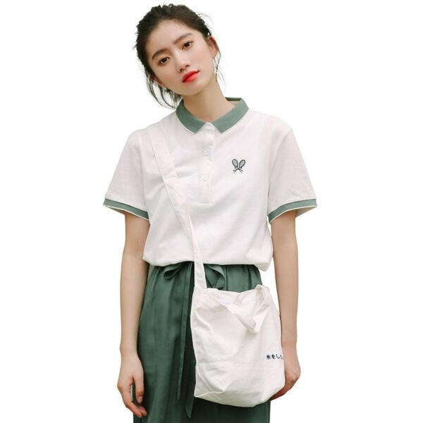 Aachoae Patchwork Polo Shirt Lady Short Sleeve Casual Cotton Women's Sweatshirt Lapel Bee Embroidery Shirt Tops Polos Para Mujer
