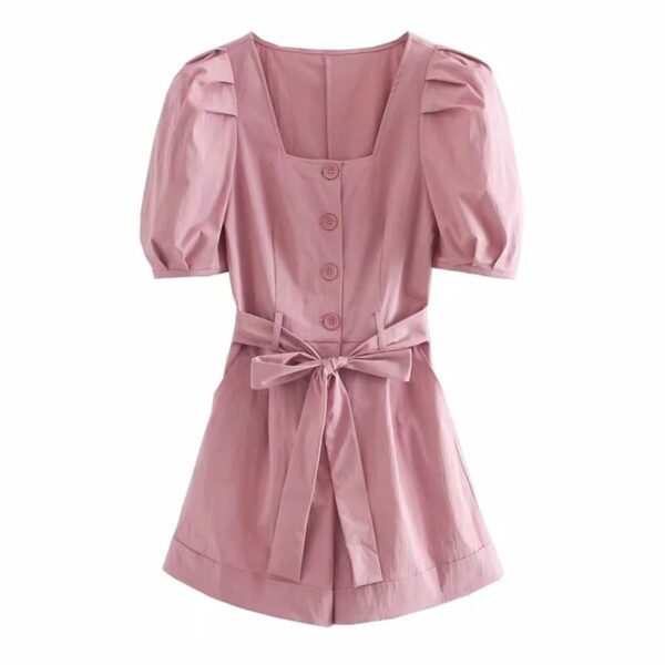 Aachoae Summer Pink Color Chic Playsuit Women Puff Short Sleeve Stylish Playsuits With Belt Button Pocket Holiday Romper Femme