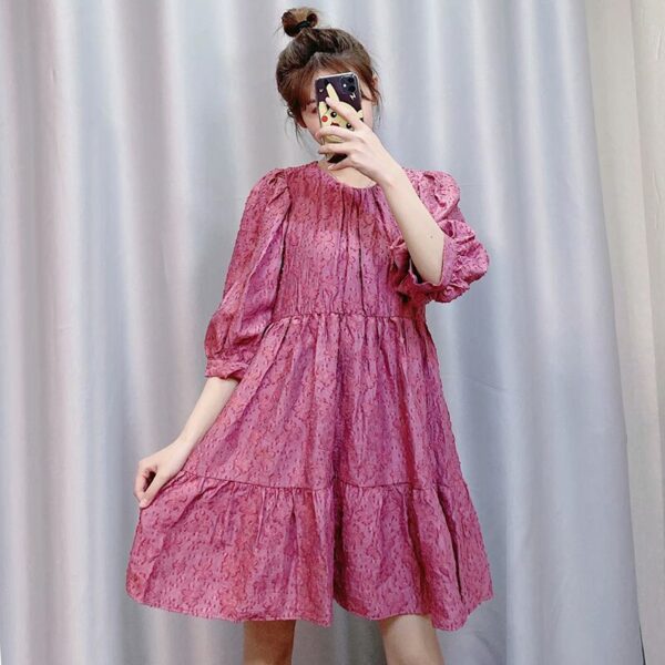Aachoae Sweet Cotton Embroidery Pink Dress Women Half Sleeve Elegant Flowers Mini Dress 2020 Chic O Neck A Line Pleated Dresses
