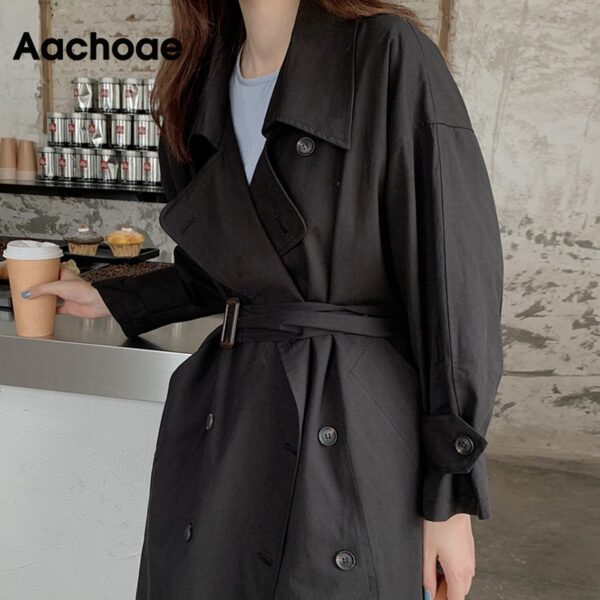 Aachoae Women Solid Long Trench Coat Double Breasted Elegant Office Coat With Belt Batwing Sleeve Female Casual Jacket Outerwear