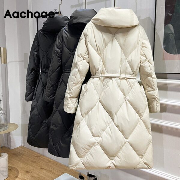 Aachoae Winter Autumn Thicken Warm Parka Women Long Sleeve Solid Casual Long Coat Female Bandage Pocket Office Coat Outerwear