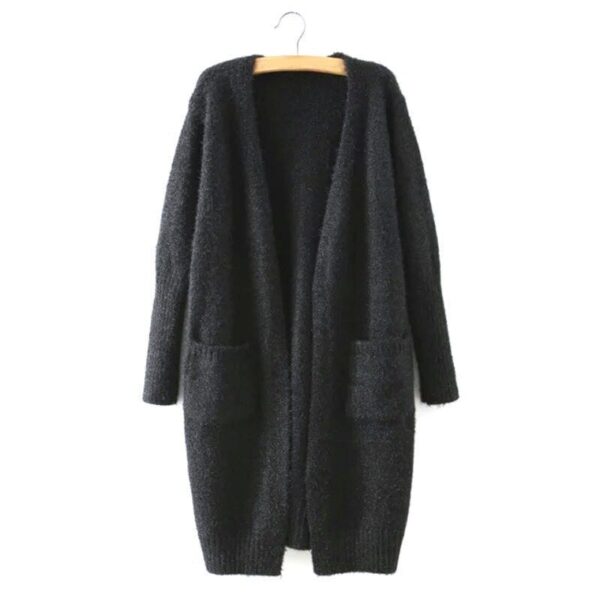 Winter Long Sleeve Knitted Cardigan Women Fluffy Sweater Pocket Outwear Coat Jacket Ladies Basic Sweater Black