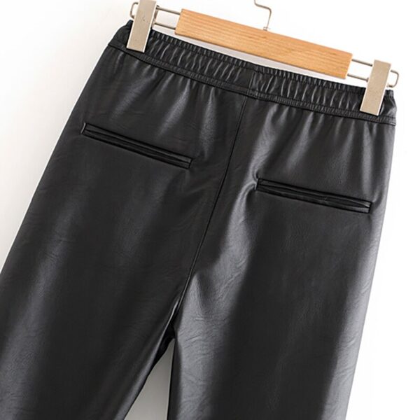 Aachoae Women Black Chic PU Leather Pants Elastic Waist Long Length Elegant Bottoms Drawstring Tie Pockets Basic Female Trousers
