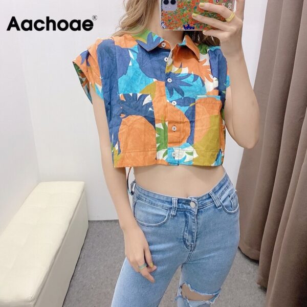 Aachoae Women Vintage Printed Cropped Blouses 2020 Turn Down Collar Holiday Casual Shirt Summer Ladies Batwing Short Sleeve Tops