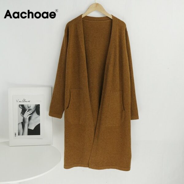 Aachoae Solid Knitted Long Sweater Women Batwing Long Sleeve Loose Casual Cardigans Sweaters Pocket Soft Home Style Ladies Tops