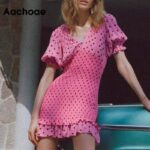 Aachoae-Women-Chic-Polka-Dot-Party-Mini-Dresses-2020-V-Neck-Short-Sleeve-Pink-Pleated-Dress-Ruffle-Elastic-Casual-Dress-Vestidos