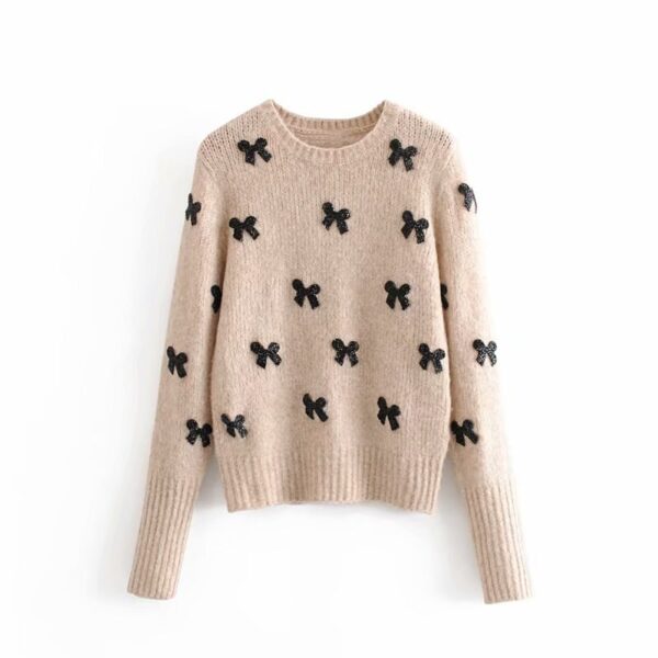 Aachoae Elegant Bow Tie Appliques Sweater Women Casual O Neck Long Sleeve Winter Pullover Stylish Top Female Chic Knitted Jumper