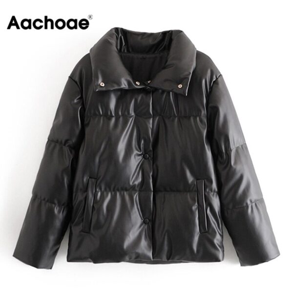 Women PU Leather Parkas Fashion High Street Solid Faxu Leather Coats Elegant Winter Thick Cotton Jackets Loose Outerwear