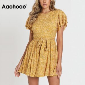 Aachoae Vintage O Neck Summer Mini Dress Women Floral Print Boho Holiday Dresses Ruffles Short Sleeve Casual Bandage Dress Robes