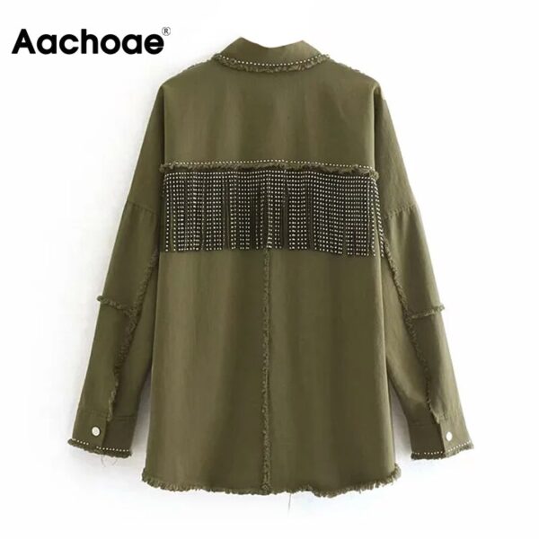 Aachoae Women Tassel Rivet Stylish Chic Jacket Batwing Long Sleeve Streetwear Thin Coat Turn Down Collar Lady Tops Autumn Spring