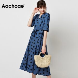 Aachoae Women Elegant A Line Long Dress 2020 Vintage Polka Dot V-neck Party Dress Lantern Sleeve Midi Casual Dresses Robe Femme