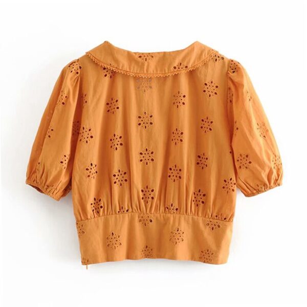 Aachoae Women Solid Cotton Embroidery Blouse Shirt Short Sleeve Hollow Out Chic Crop Top Turn Down Collar Casual Orange Blouses