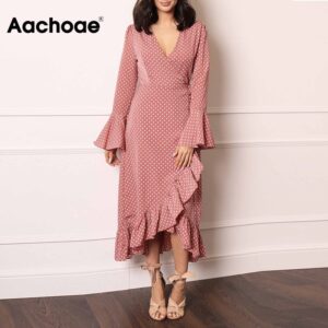 Aachoae Elegant V Neck Polka Dot Women Maxi Dress 2020 Flare Sleeve Wrap Split Party Dress Long Ruffle Casual Dresses Robe Femme