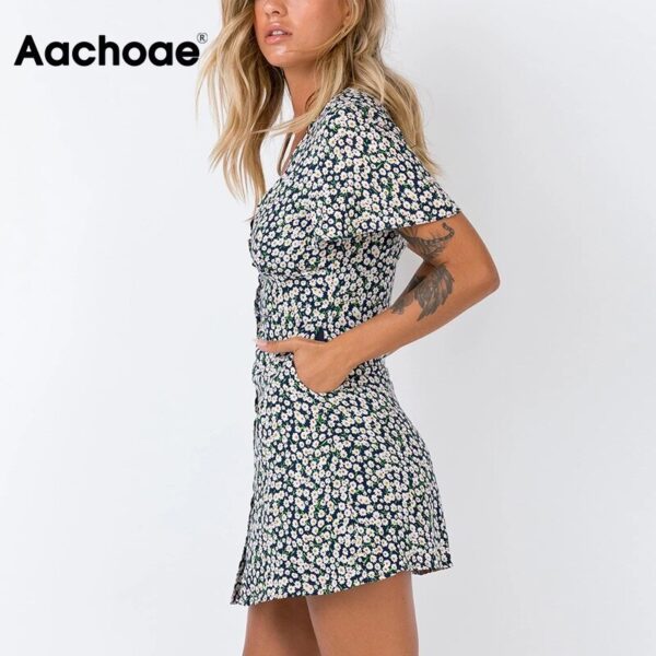 Aachoae Summer Floral Print Vintage Mini Dress Women Deep V Neck Boho Beach Dresses Female Short Sleeve Casual Button Dress