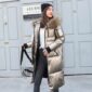 Fashion Winter Women's Long Glossy Big Fur Silver Down Jackets Hooded Coat Down Parkas Thick Winter Jacket Women Outwear