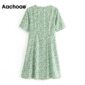 Aachoae Summer V Neck Floral Print Dress Casual Short Sleeve Mini Dress Women Single Breasted Retro A Line Dress Femme Robe