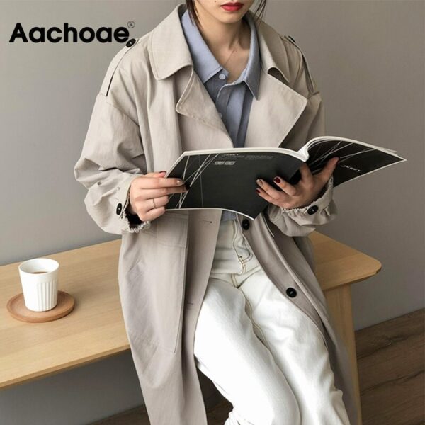 Aachoae Women Fashion Trench Coat 2020 Solid Casual Loose Long Windbreaker Single Breasted Pockets Ladies Outwear Ropa Mujer