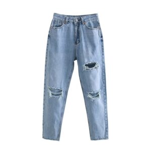 Aachoae Women Full Length Chic Holes Jeans Retro Ripped Pencil Pants Lady Zipper Fly Light Blue Color Trousers Femme Pantalon