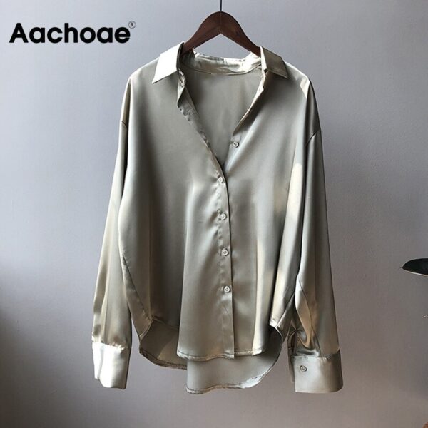 Aachoae Solid Elegant Blouse Women Turn Down Collar Casual Office Shirt Female Long Sleeve Korean Ladies Tops Blusas Mujer