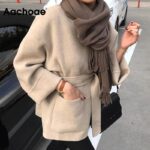 Aachoae-Women-Solid-Woolen-Coat-Elegant-V-Neck-Bandage-Jacket-Female-Batwing-Long-Sleeve-Loose-Pocket-Coat-Lady-Outerwear