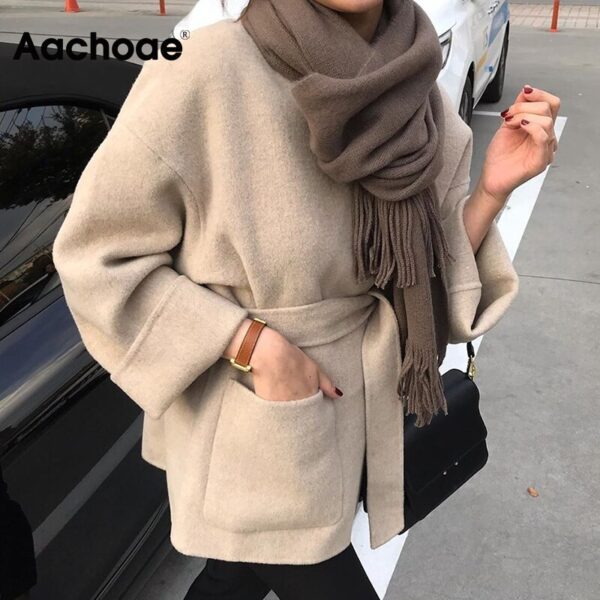 Aachoae Women Solid Woolen Coat Elegant V Neck Bandage Jacket Female Batwing Long Sleeve Loose Pocket Coat Lady Outerwear